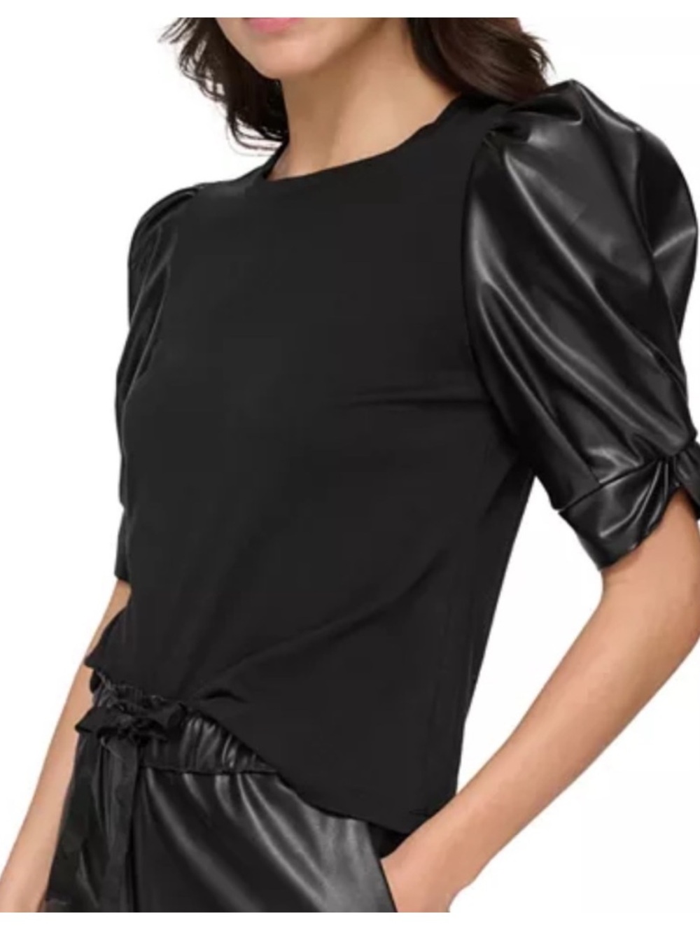 DKNY XL Women’s Black Puff Sleeve Top - Sleek Faux Leather Detail